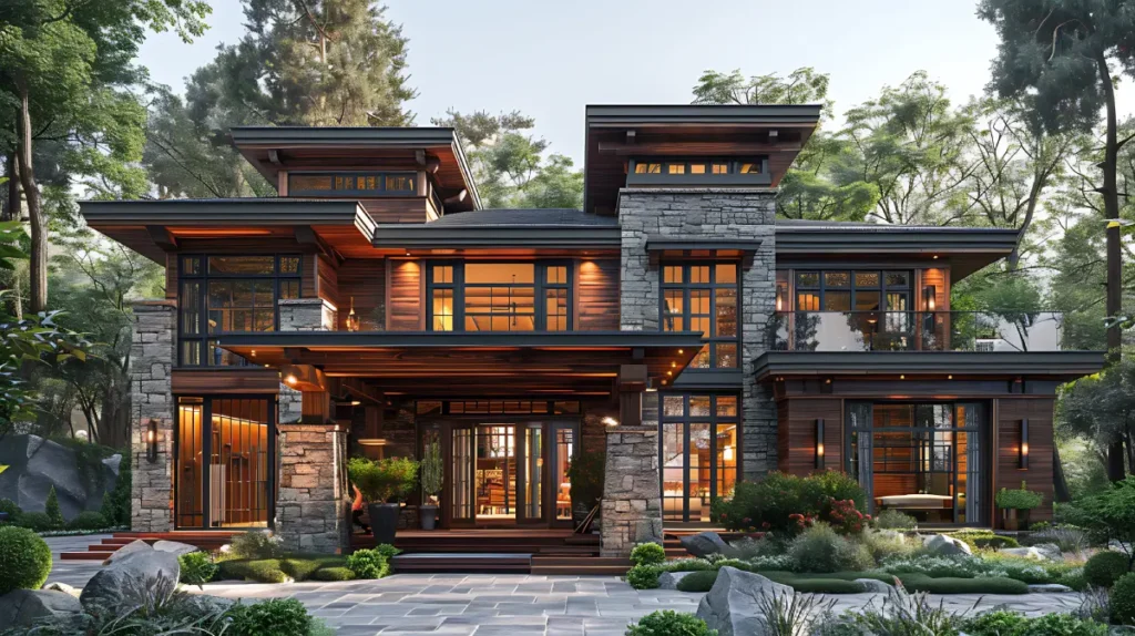large modern two story home with stone facadie