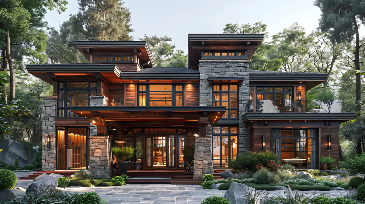 large modern two story home with stone facadie