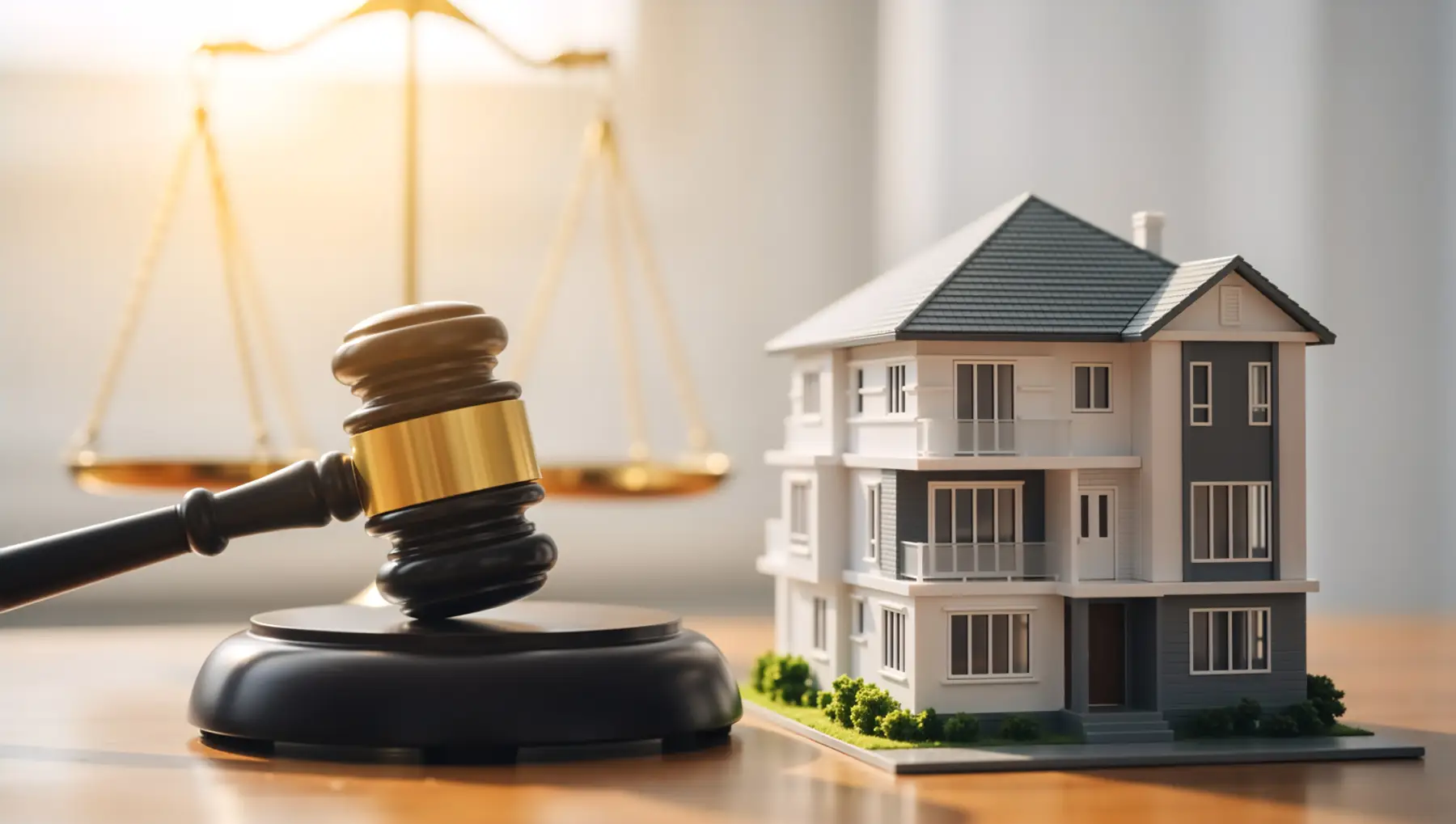 gavel scales of justice and modern residential model convey theme of assets being divided in divorce