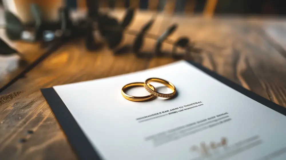 Golden wedding rings rest on a marriage certificate