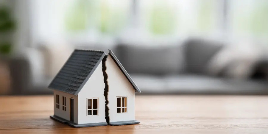 Miniature house splitting into two pieces, representing concepts of home division, property separation