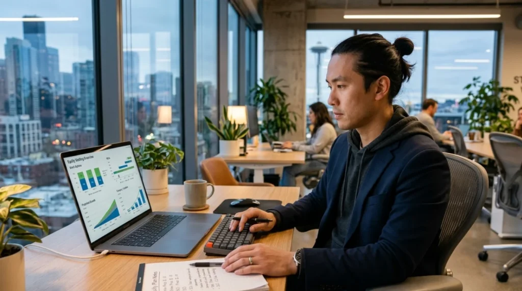 employee at startup tech company on laptop at high-rise office