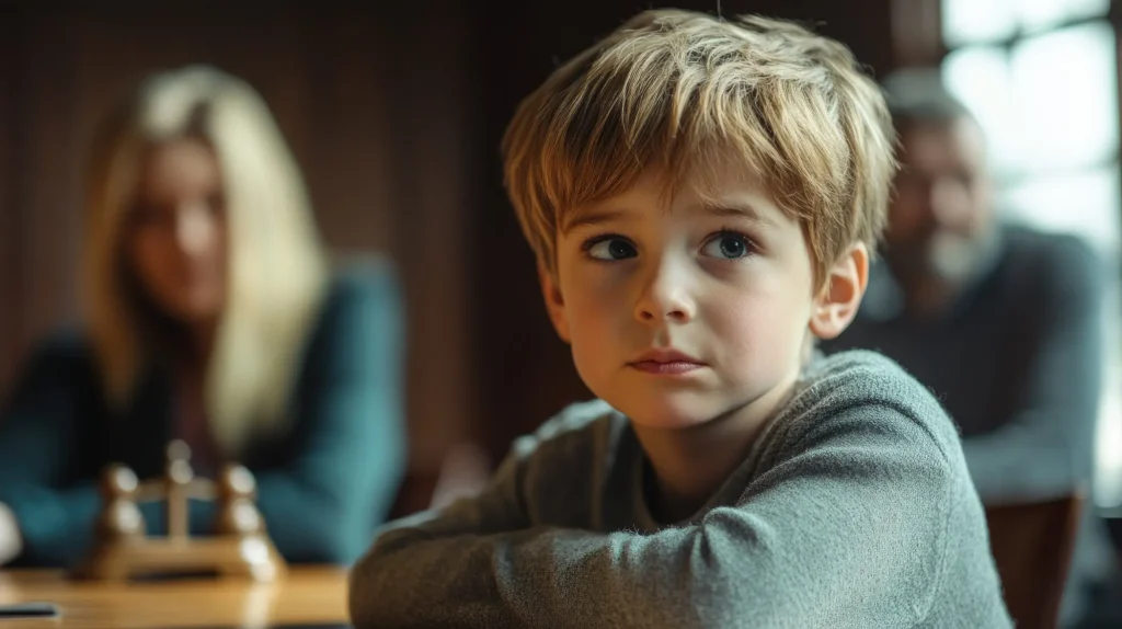 Sad boy sitting at a table in the background of his divorced parents