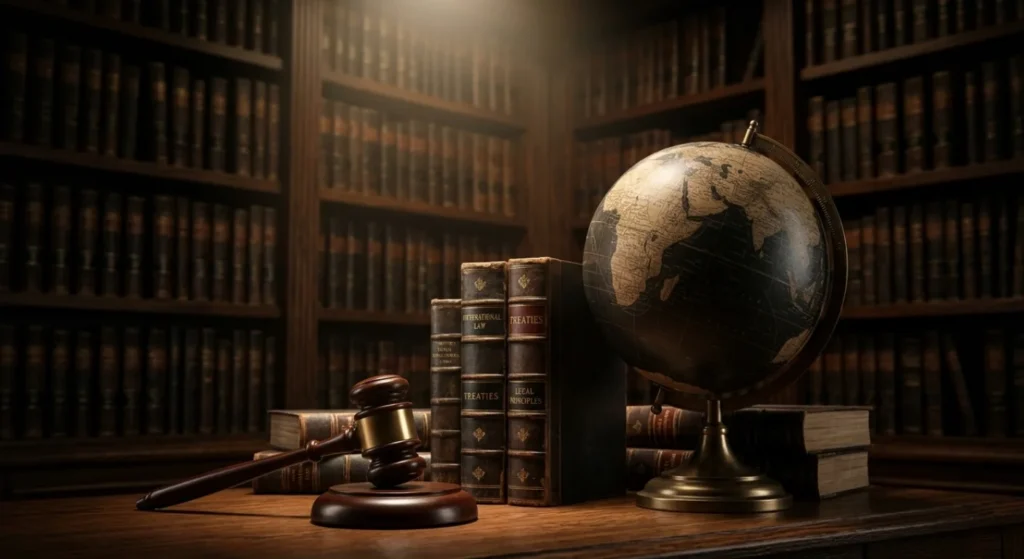 jurisdictional challenges concept with gavel law books and globe in legal library